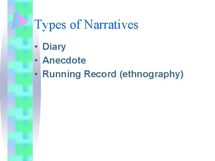 Types of Narratives • Diary • Anecdote • Running Record (ethnography) 