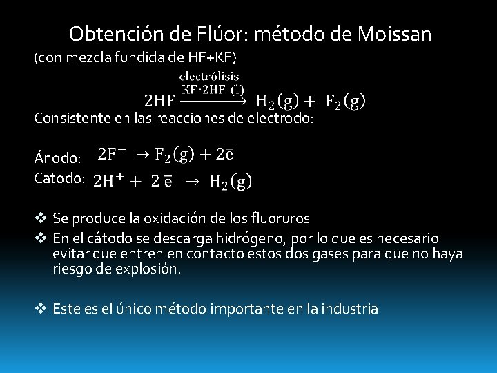 Obtención de Flúor: método de Moissan (con mezcla fundida de HF+KF) Consistente en las