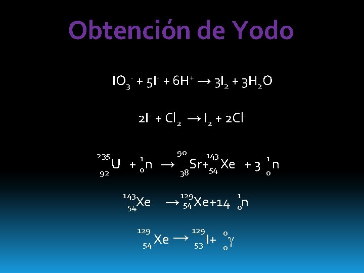 Obtención de Yodo IO 3 - + 5 I- + 6 H+ → 3