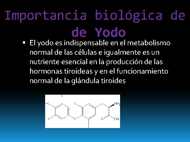 Importancia biológica de de Yodo El yodo es indispensable en el metabolismo normal de