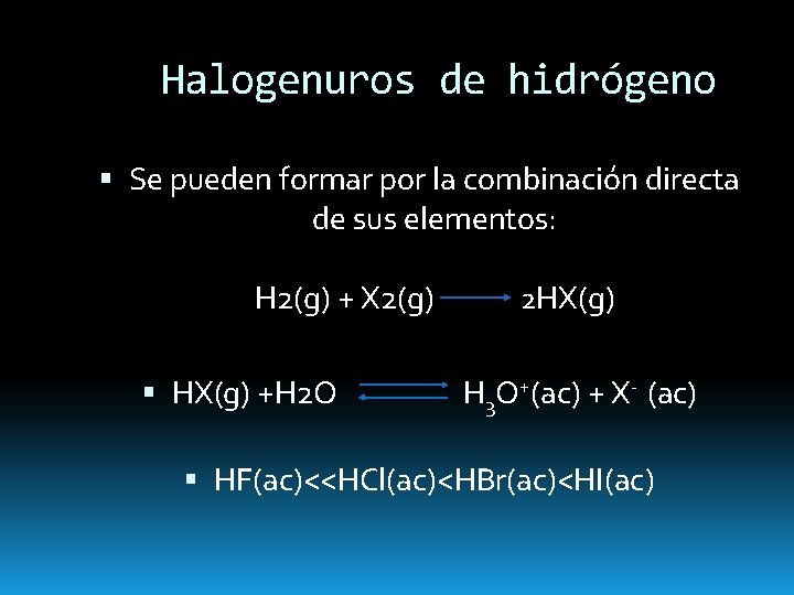 Halogenuros de hidrógeno Se pueden formar por la combinación directa de sus elementos: H