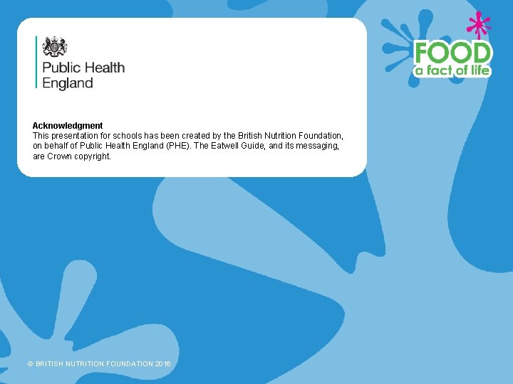 Acknowledgment This presentation for schools has been created by the British Nutrition Foundation, on