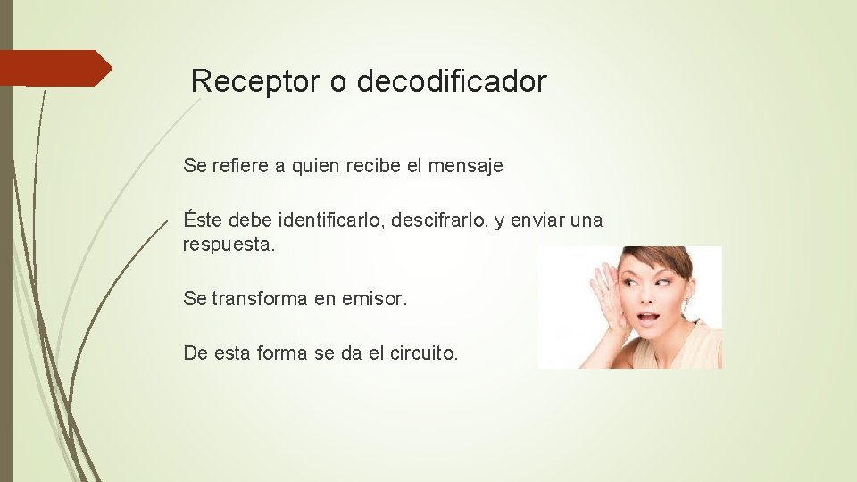 Receptor o decodificador Se refiere a quien recibe el mensaje Éste debe identificarlo, descifrarlo,