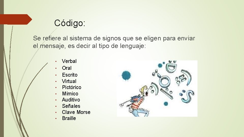 Código: Se refiere al sistema de signos que se eligen para enviar el mensaje,