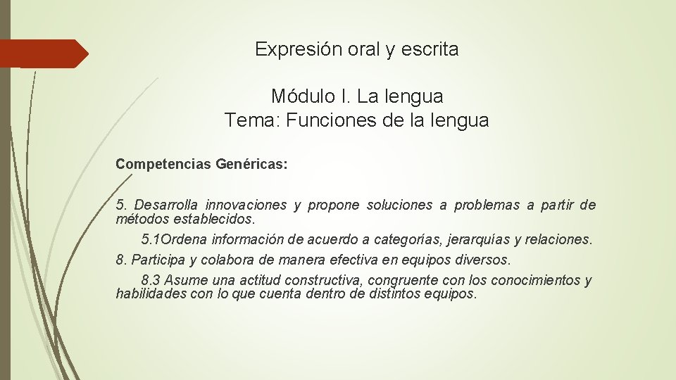 Expresión oral y escrita Módulo I. La lengua Tema: Funciones de la lengua Competencias