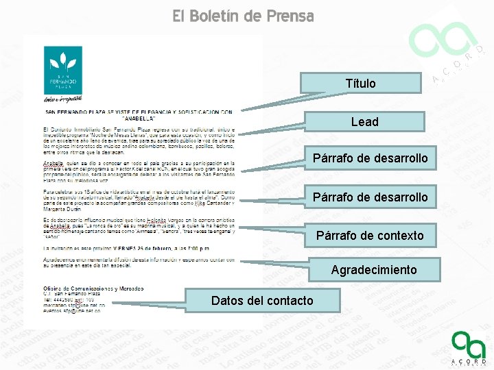 Título Lead Párrafo de desarrollo Párrafo de contexto Agradecimiento Datos del contacto 