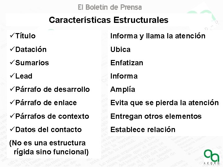 Características Estructurales üTítulo Informa y llama la atención üDatación Ubica üSumarios Enfatizan üLead Informa