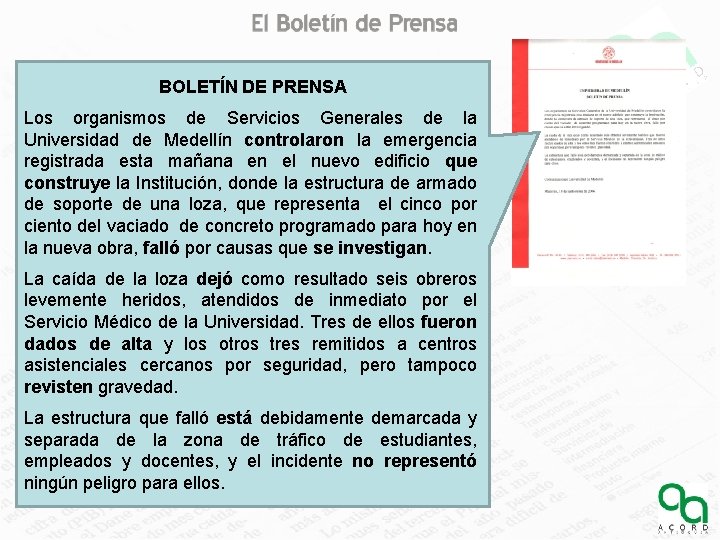 BOLETÍN DE PRENSA Los organismos de Servicios Generales de la Universidad de Medellín controlaron