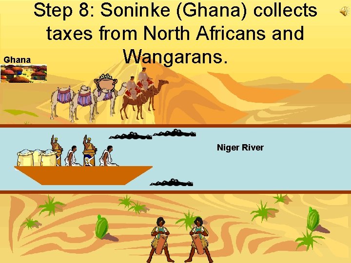 Step 8: Soninke (Ghana) collects taxes from North Africans and Ghana Wangarans. Niger River