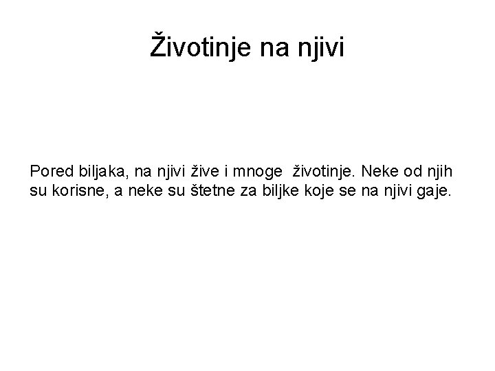 Životinje na njivi Pored biljaka, na njivi žive i mnoge životinje. Neke od njih