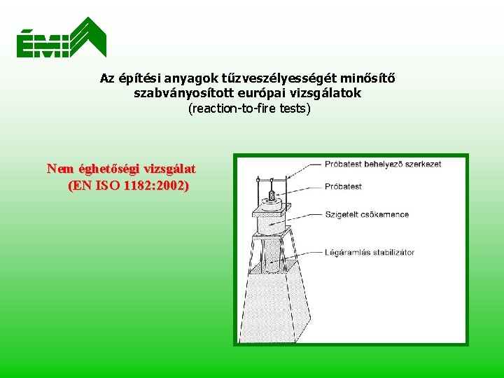 Az építési anyagok tűzveszélyességét minősítő szabványosított európai vizsgálatok (reaction-to-fire tests) Nem éghetőségi vizsgálat (EN