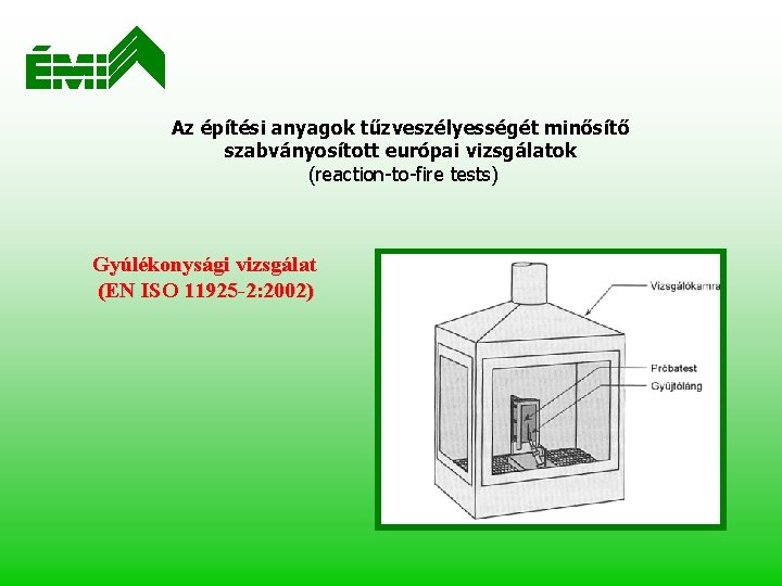 Az építési anyagok tűzveszélyességét minősítő szabványosított európai vizsgálatok (reaction-to-fire tests) Gyúlékonysági vizsgálat (EN ISO