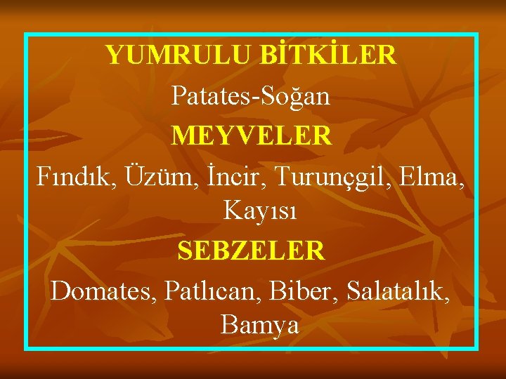 YUMRULU BİTKİLER Patates-Soğan MEYVELER Fındık, Üzüm, İncir, Turunçgil, Elma, Kayısı SEBZELER Domates, Patlıcan, Biber,