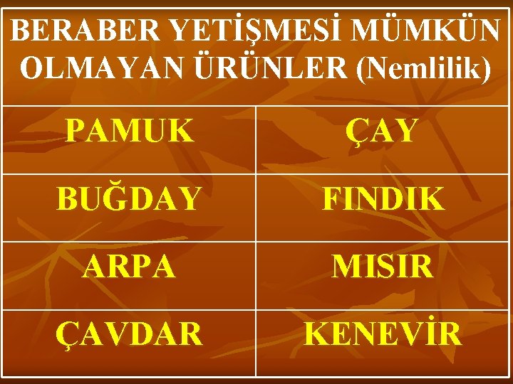 BERABER YETİŞMESİ MÜMKÜN OLMAYAN ÜRÜNLER (Nemlilik) PAMUK ÇAY BUĞDAY FINDIK ARPA MISIR ÇAVDAR KENEVİR