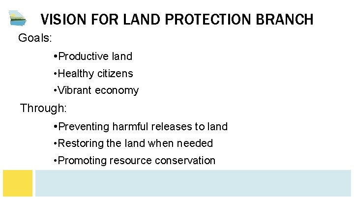VISION FOR LAND PROTECTION BRANCH Goals: • Productive land • Healthy citizens • Vibrant VISION FOR LAND PROTECTION BRANCH Goals: • Productive land • Healthy citizens • Vibrant