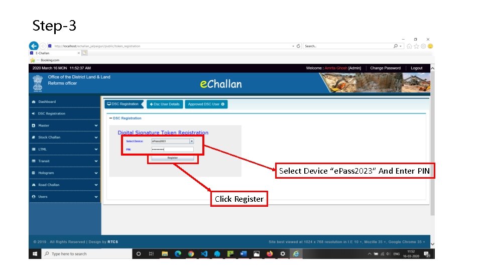 Step-3 Select Device “e. Pass 2023” And Enter PIN Click Register 