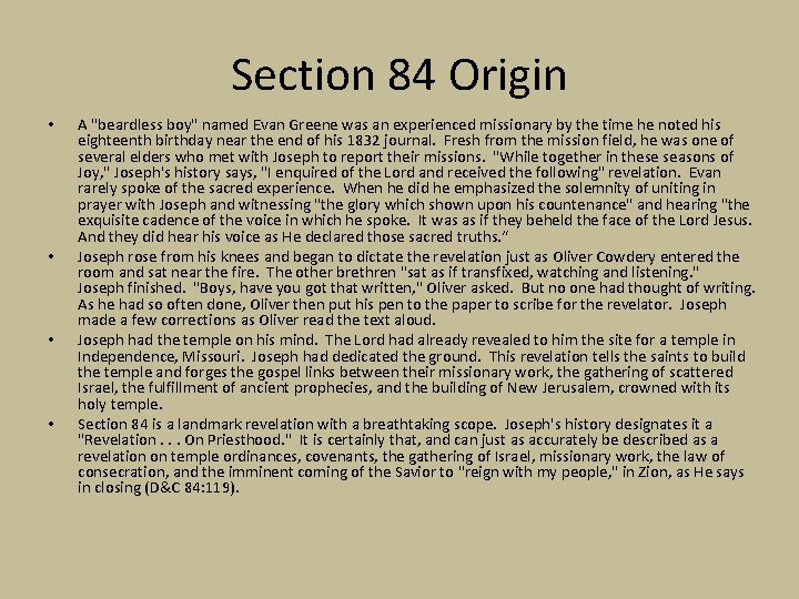 Section 84 Origin • • A "beardless boy" named Evan Greene was an experienced Section 84 Origin • • A "beardless boy" named Evan Greene was an experienced