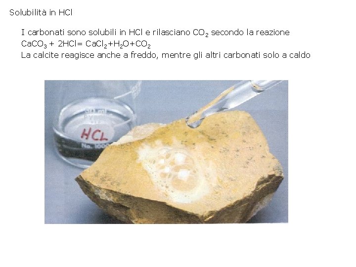 Solubilità in HCl I carbonati sono solubili in HCl e rilasciano CO 2 secondo