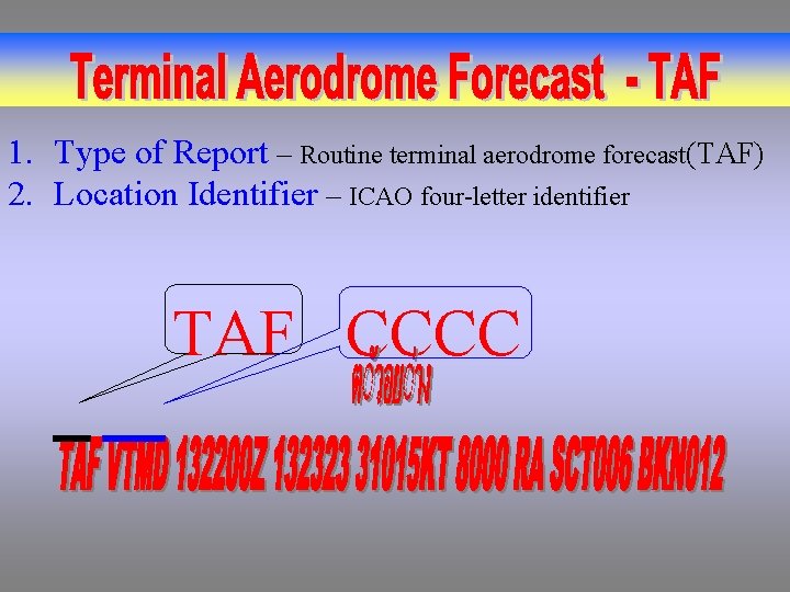 1. Type of Report – Routine terminal aerodrome forecast(TAF) 2. Location Identifier – ICAO