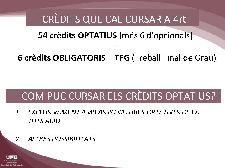 CRÈDITS QUE CAL CURSAR A 4 rt 54 crèdits OPTATIUS (més 6 d’opcionals) +
