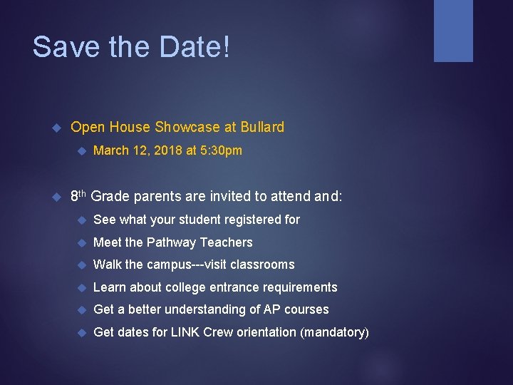 Save the Date! Open House Showcase at Bullard March 12, 2018 at 5: 30