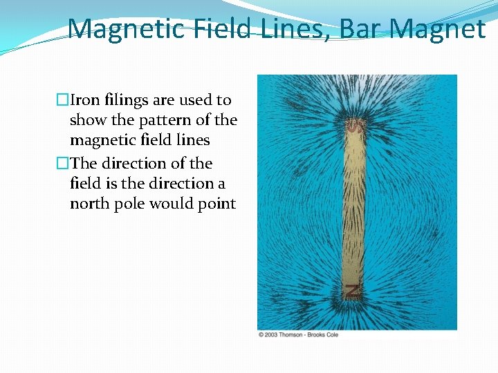 Magnetic Field Lines, Bar Magnet �Iron filings are used to show the pattern of