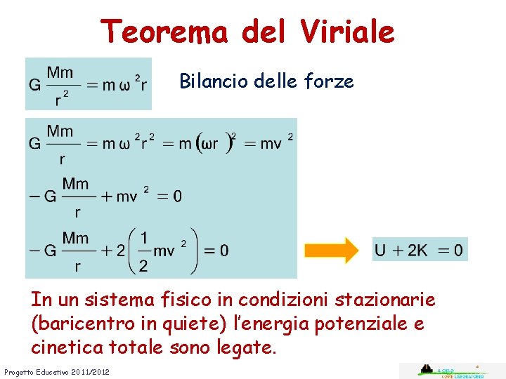 Teorema del Viriale Bilancio delle forze In un sistema fisico in condizioni stazionarie (baricentro