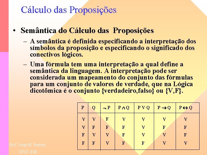 Cálculo das Proposições • Semântica do Cálculo das Proposições – A semântica é definida