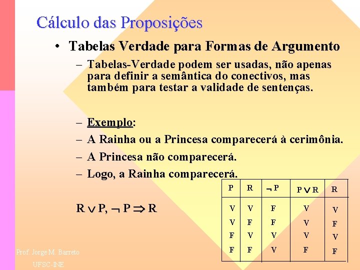 Cálculo das Proposições • Tabelas Verdade para Formas de Argumento – Tabelas-Verdade podem ser