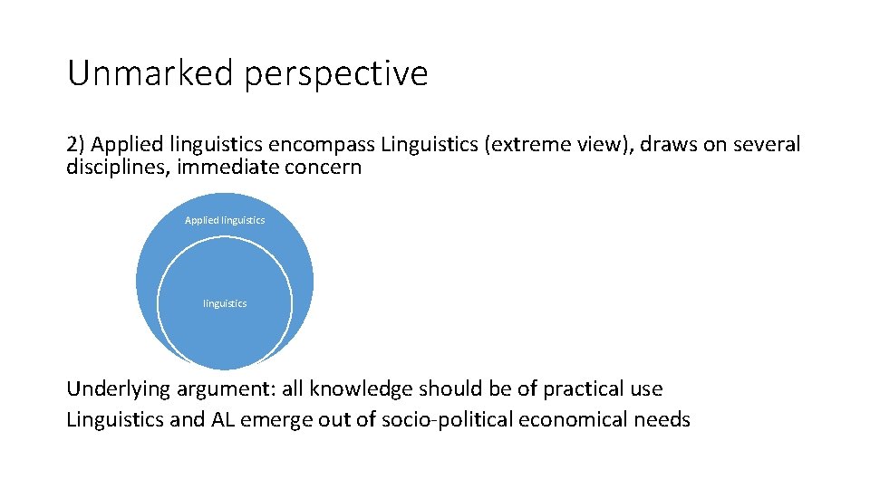 Unmarked perspective 2) Applied linguistics encompass Linguistics (extreme view), draws on several disciplines, immediate Unmarked perspective 2) Applied linguistics encompass Linguistics (extreme view), draws on several disciplines, immediate