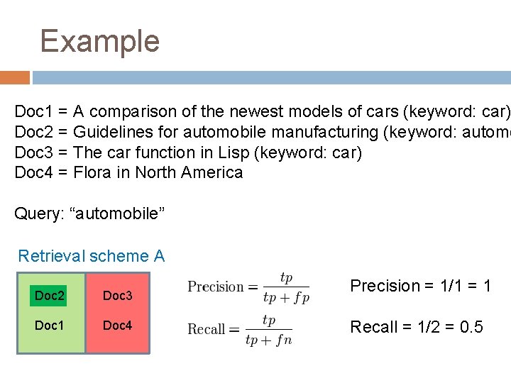 Example Doc 1 = A comparison of the newest models of cars (keyword: car)