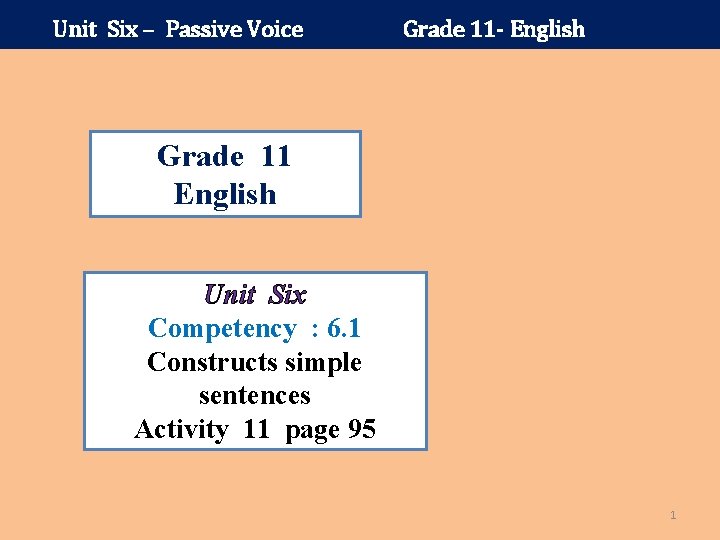 Unit Six – Passive Voice Grade 11 - English Grade 11 English Unit Six