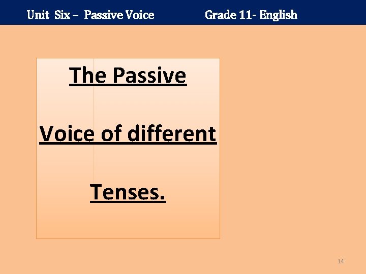 Unit Six – Passive Voice Grade 11 - English The Passive Voice of different