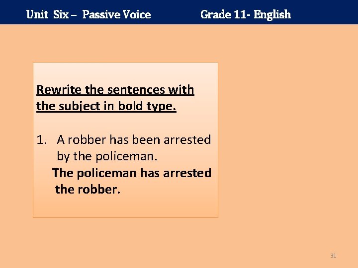 Unit Six – Passive Voice Grade 11 - English Rewrite the sentences with the