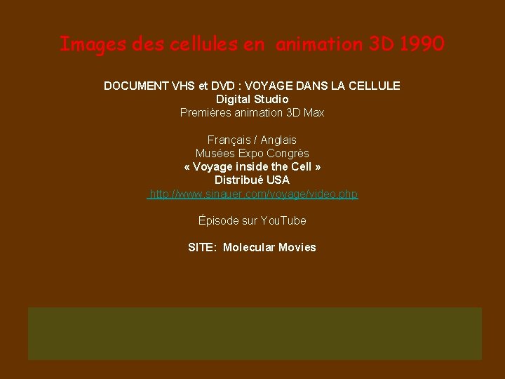 Images des cellules en animation 3 D 1990 DOCUMENT VHS et DVD : VOYAGE