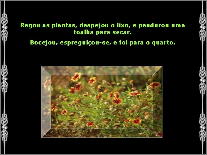 Regou as plantas, despejou o lixo, e pendurou uma toalha para secar. Bocejou, espreguiçou-se,