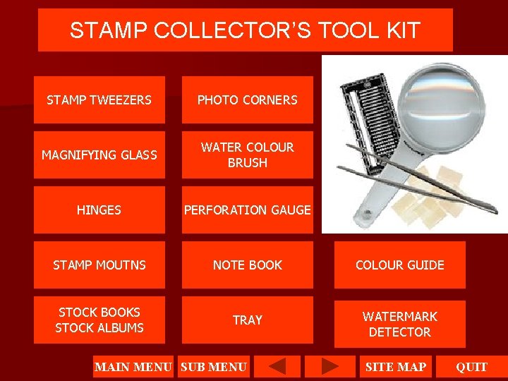 STAMP COLLECTOR’S TOOL KIT STAMP TWEEZERS PHOTO CORNERS MAGNIFYING GLASS WATER COLOUR BRUSH HINGES