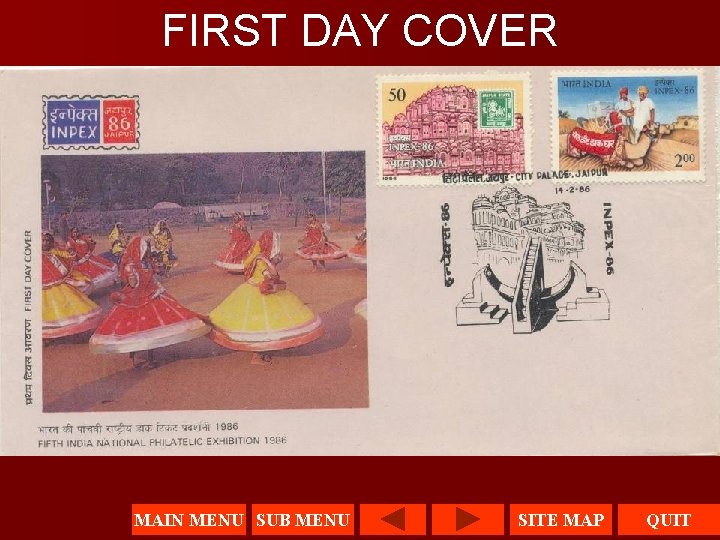 FIRST DAY COVER MAIN MENU SUB MENU SITE MAP QUIT 