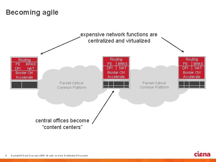 Becoming agile expensive network functions are centralized and virtualized Routing PE BRAS DPI NAT