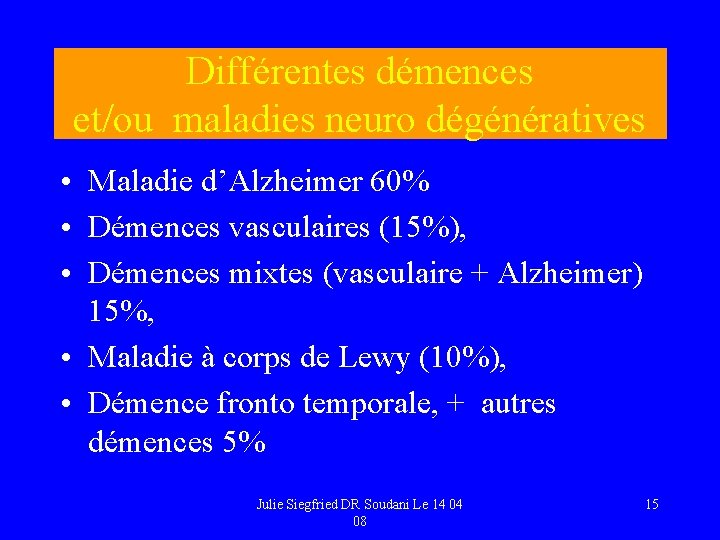 Différentes démences et/ou maladies neuro dégénératives • Maladie d’Alzheimer 60% • Démences vasculaires (15%),