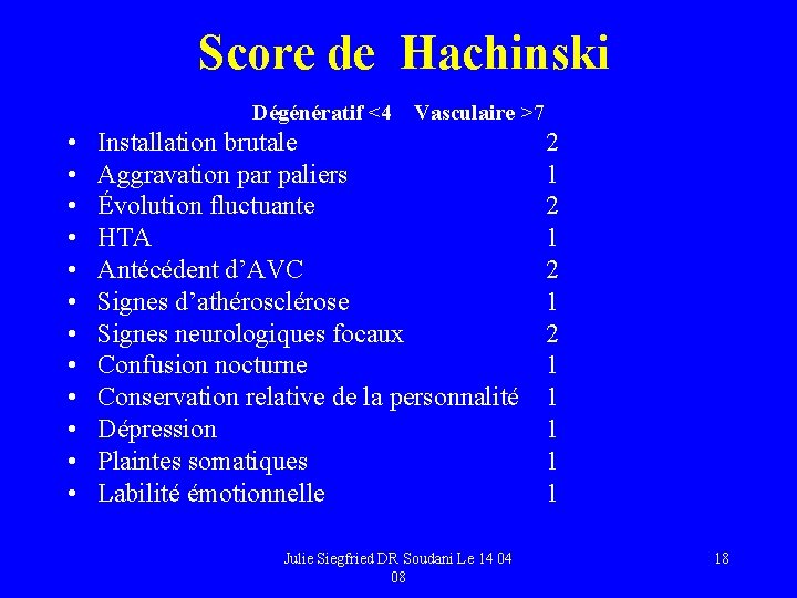 Score de Hachinski Dégénératif <4 Vasculaire >7 • • • Installation brutale Aggravation par