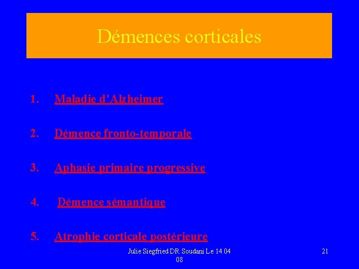 Démences corticales 1. Maladie d’Alzheimer 2. Démence fronto-temporale 3. 4. Aphasie primaire progressive 5.