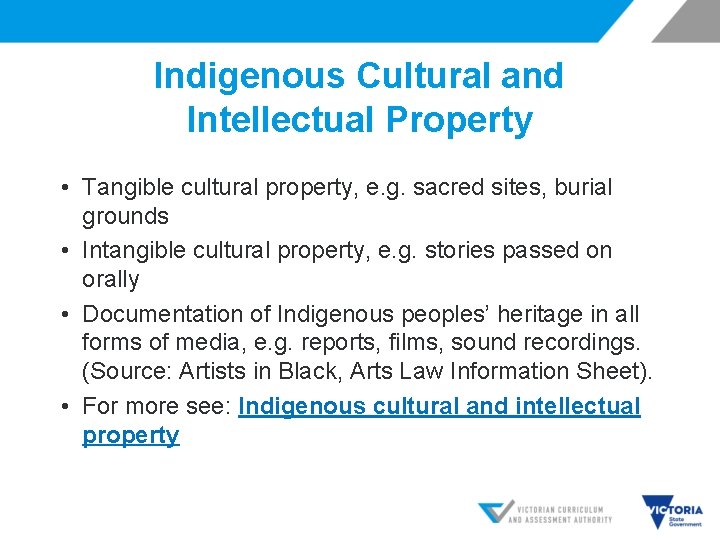 Indigenous Cultural and Intellectual Property • Tangible cultural property, e. g. sacred sites, burial