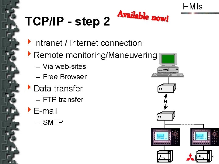 TCP/IP - step 2 Available now! 4 Intranet / Internet connection 4 Remote monitoring/Maneuvering