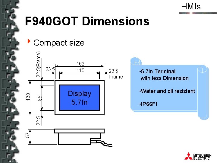 HMIs F 940 GOT Dimensions 57 85 22. 5 130 22. 5(Frame) 4 Compact