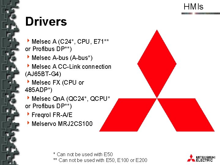 HMIs Drivers 4 Melsec A (C 24*, CPU, E 71** or Profibus DP**) 4