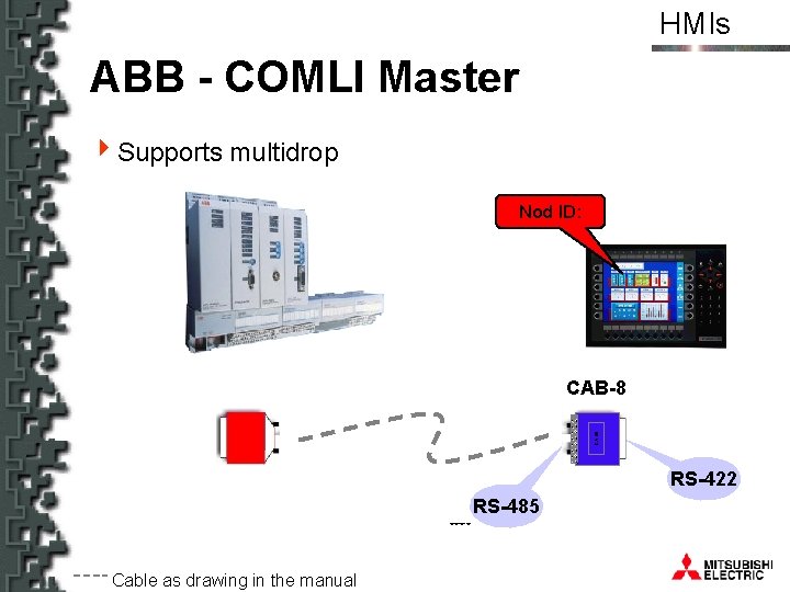 HMIs ABB - COMLI Master 4 Supports multidrop Nod ID: CAB 8 CAB-8 RS-422