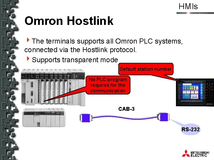 HMIs Omron Hostlink 4 The terminals supports all Omron PLC systems, connected via the