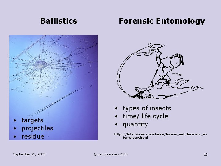 Ballistics • targets • projectiles • residue September 21, 2005 Forensic Entomology • types