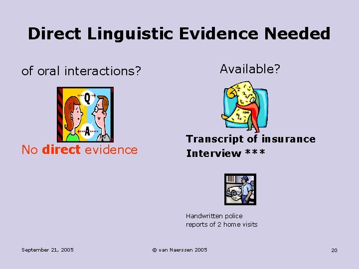 Direct Linguistic Evidence Needed of oral interactions? Available? No direct evidence Transcript of insurance